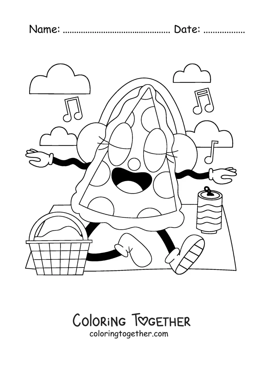 Coloring page of a cartoon of a slice of pizza at a picnic
