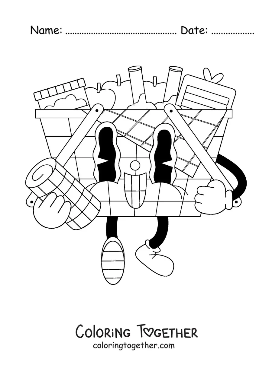 Coloring page of a cartoon of a picnic basket