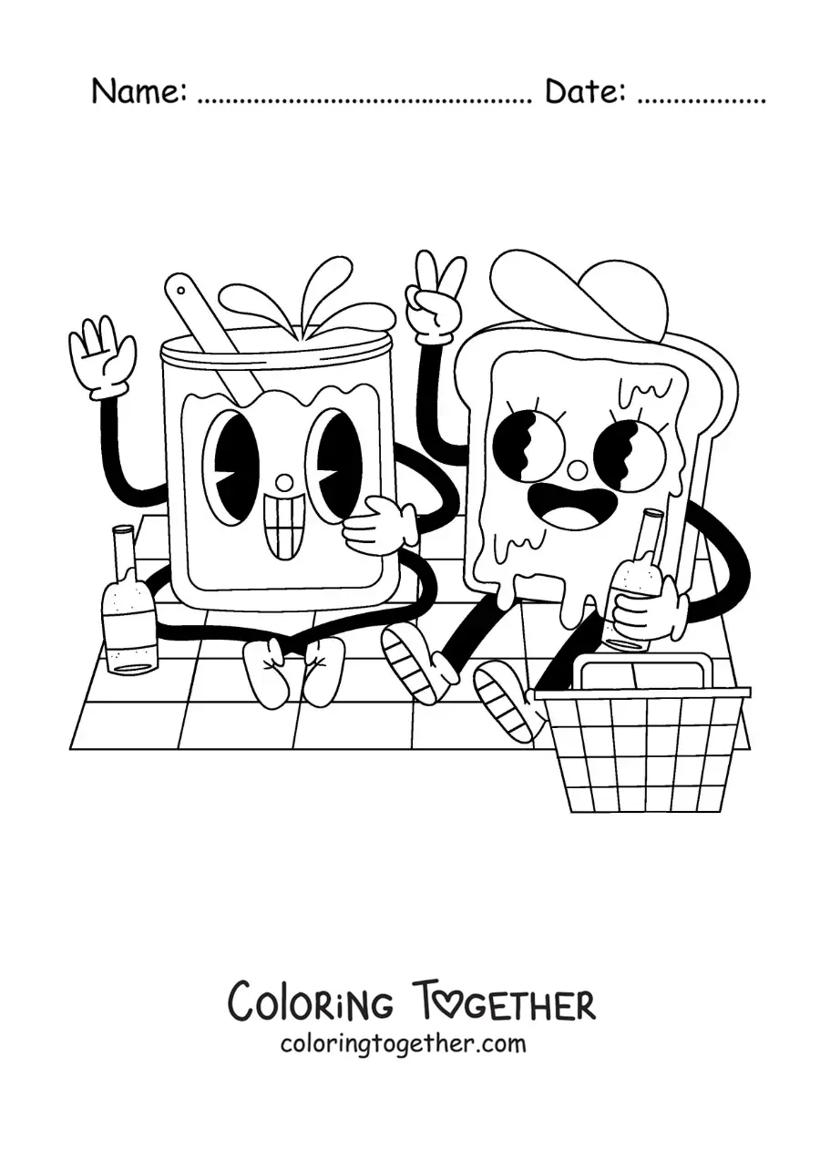 Coloring page of a cartoon of a sandwich at a picnic