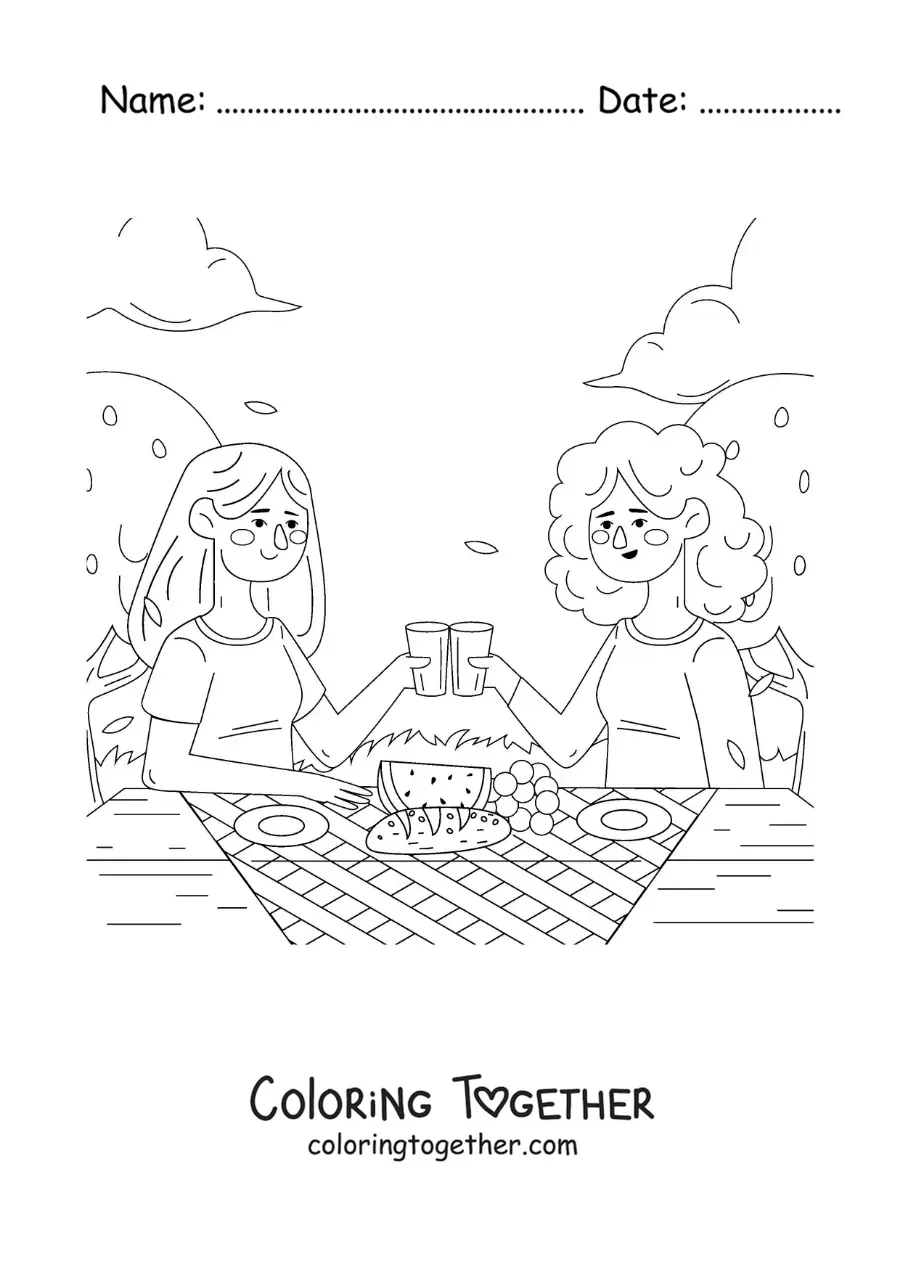 Coloring page of two girls toasting at a table at a picnic