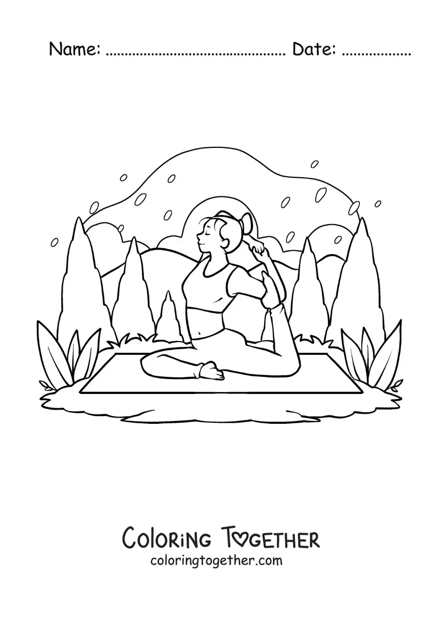 Coloring page of a girl practicing yoga in nature