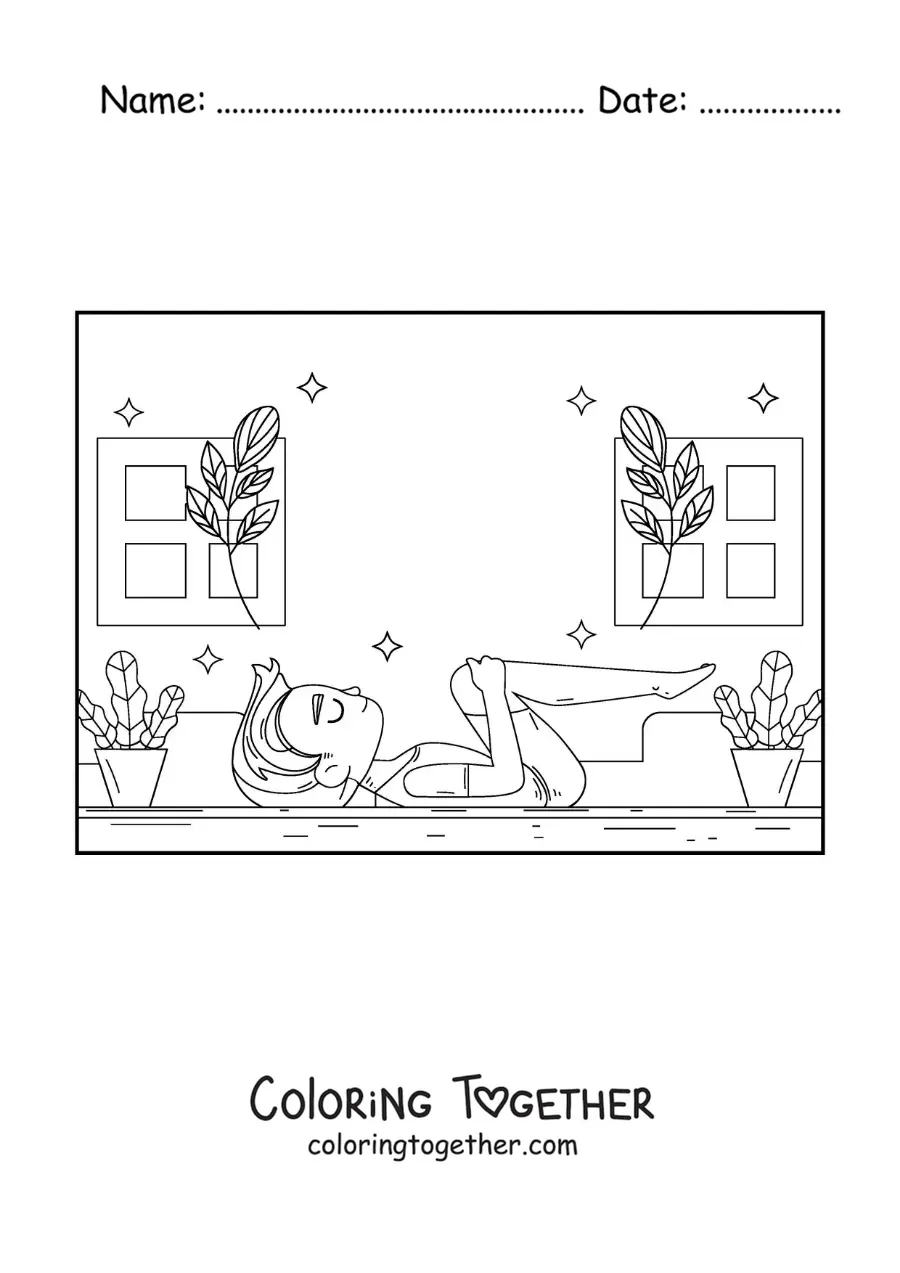 Coloring page of a boy practicing yoga at home