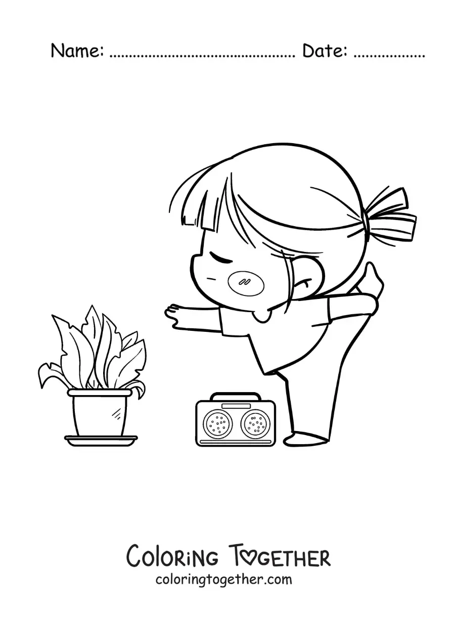Coloring page of a kawaii girl doing yoga with music