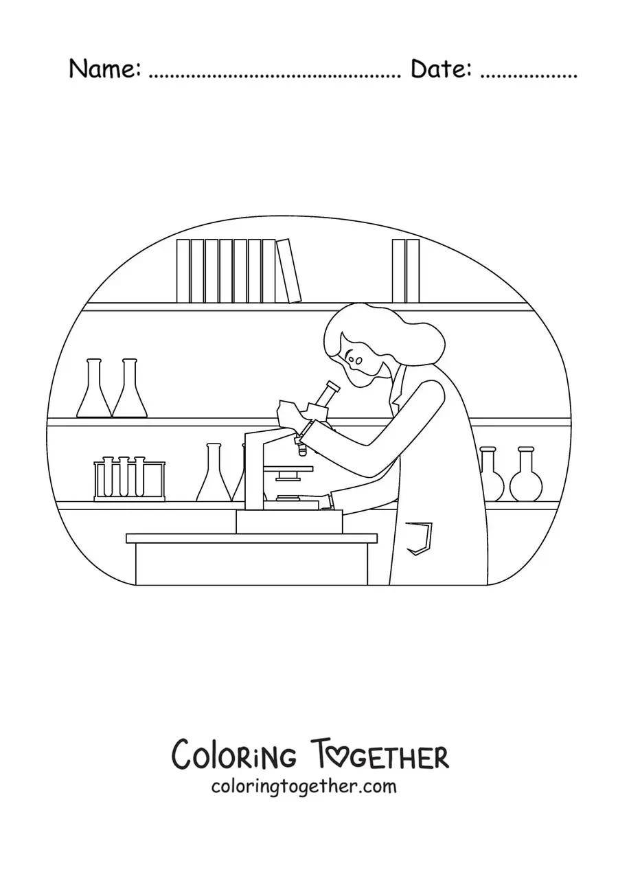 Coloring page of a woman scientist in a laboratory