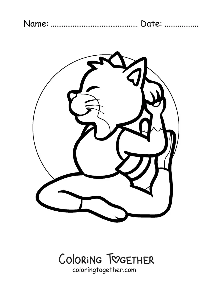 Coloring page of a cartoon of a cat practicing yoga