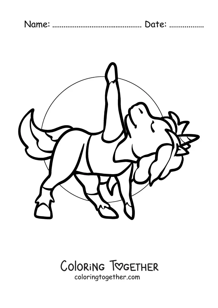 Coloring page of a cartoon of a unicorn in the extended triangle pose