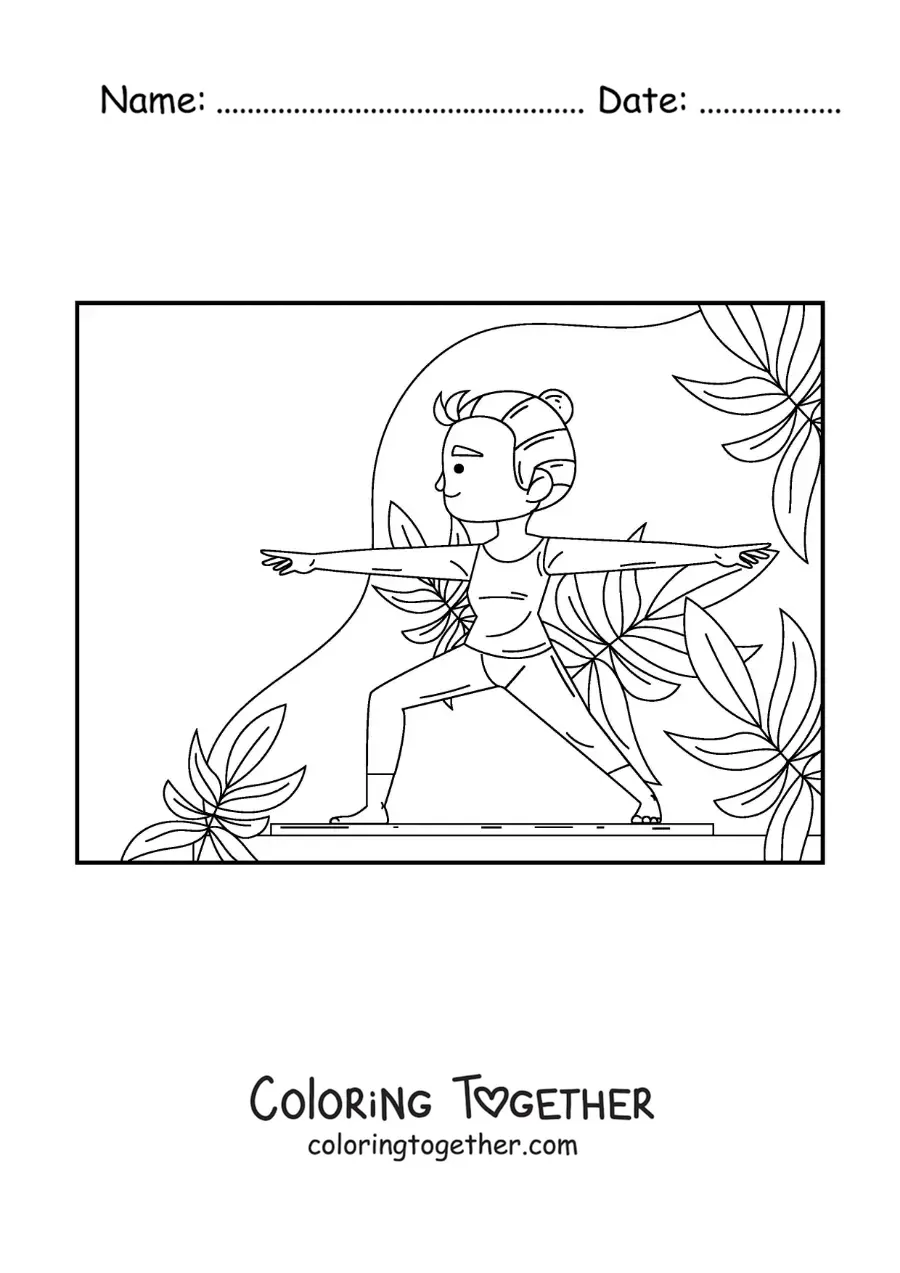Coloring page of a girl in the warrior 2 pose