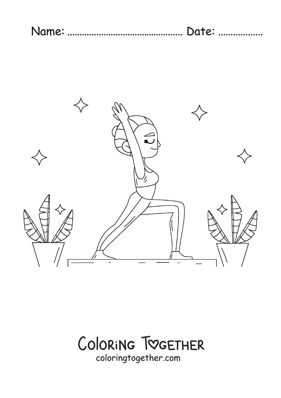 Coloring page of a girl in the warrior 1 pose
