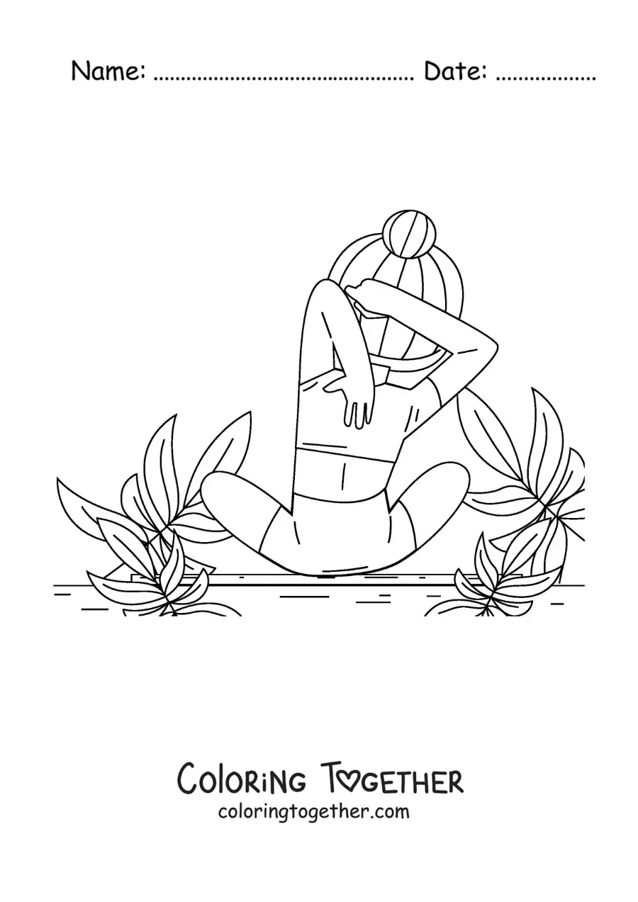 Coloring page of a girl doing a yoga stretch