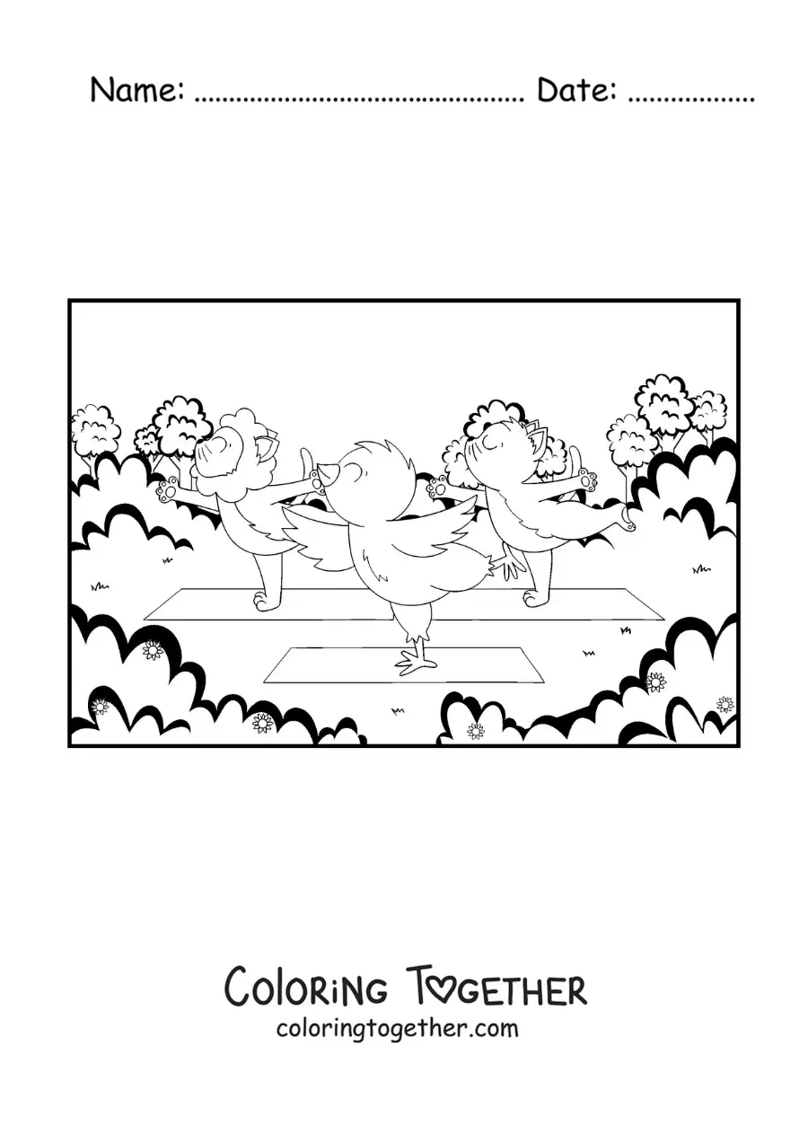 Coloring page of cartoon animals practicing yoga