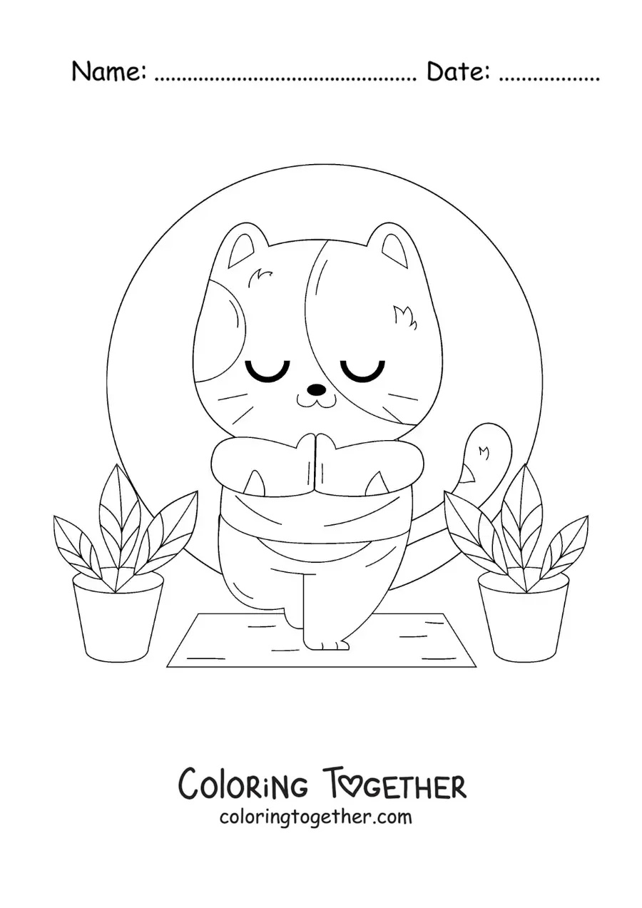 Coloring page of a cartoon cat practicing yoga in the tree pose