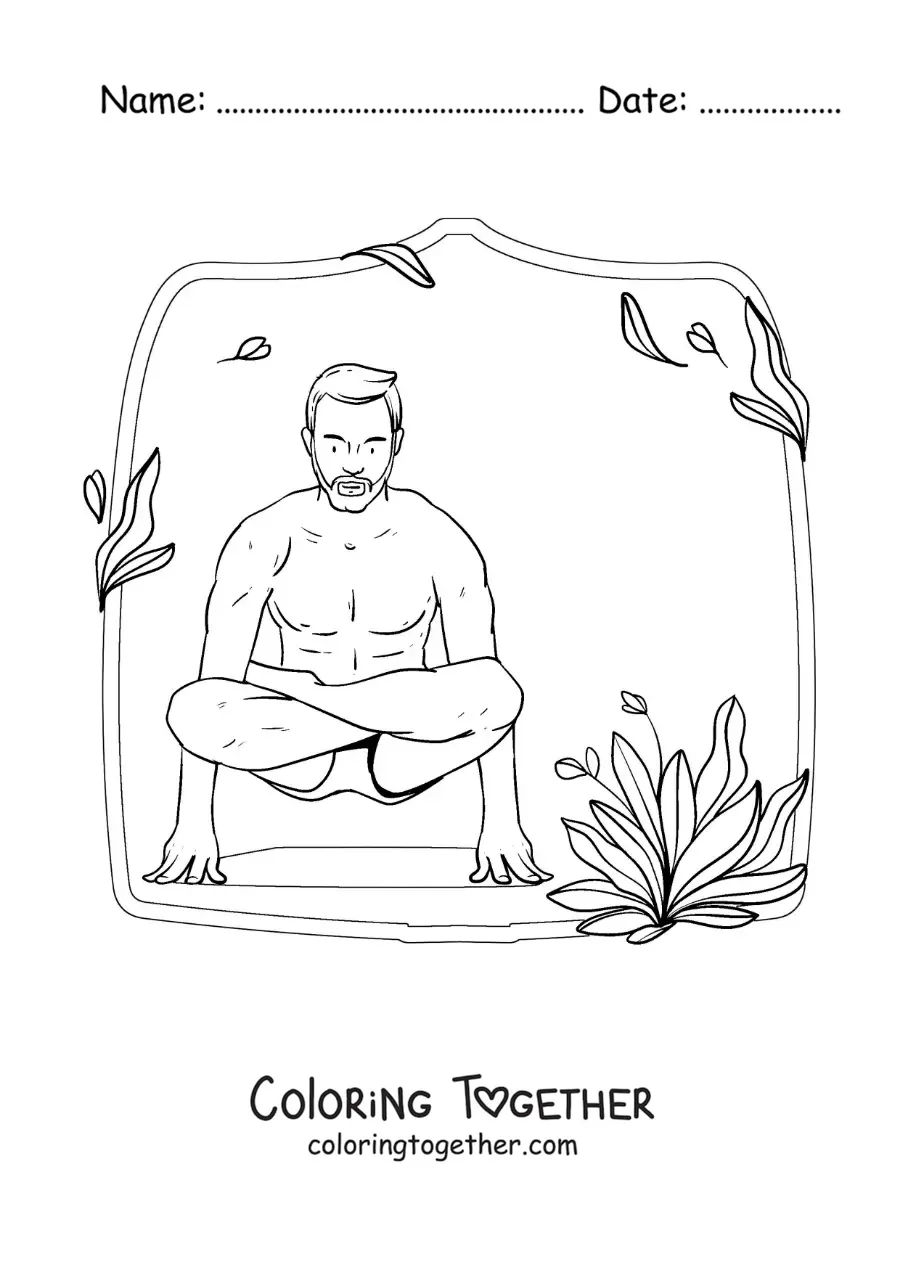 Coloring page of a man practicing yoga in the lotus pose