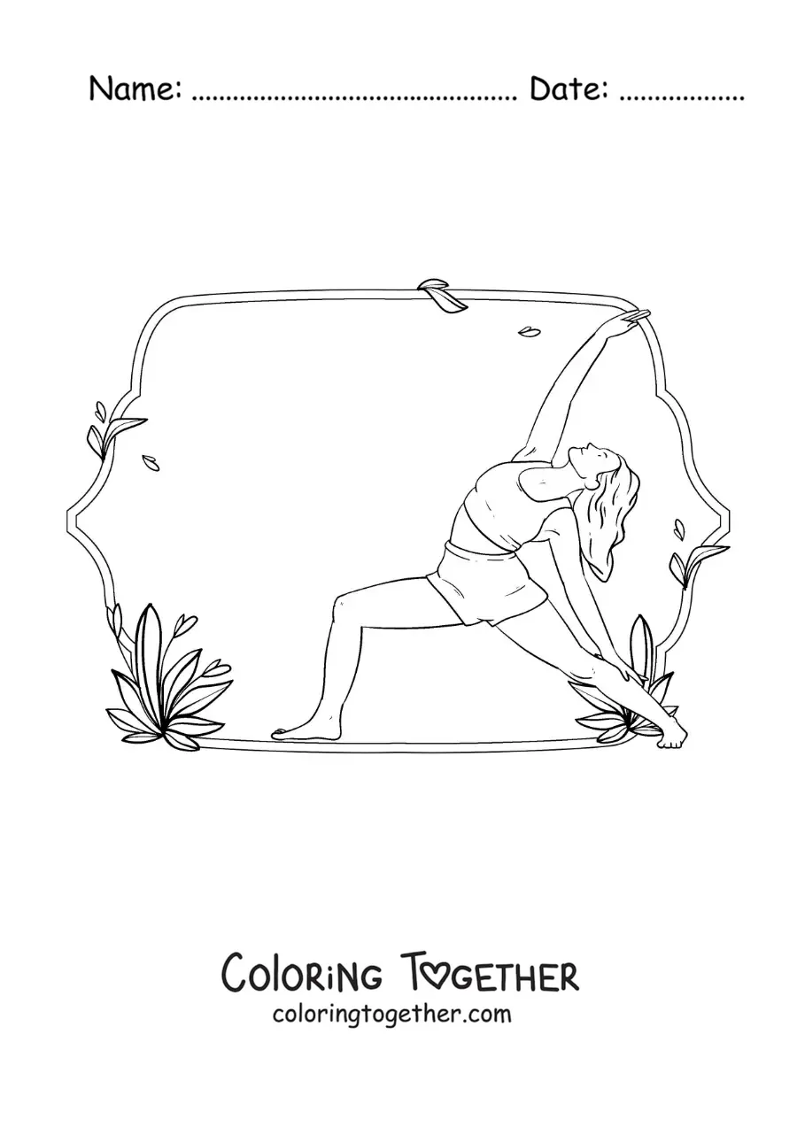 Coloring page of a woman practicing yoga in the peaceful warrior pose