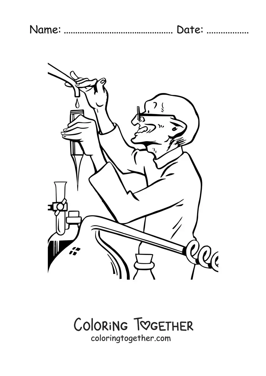 Coloring page of a scientist doing a chemistry experiment