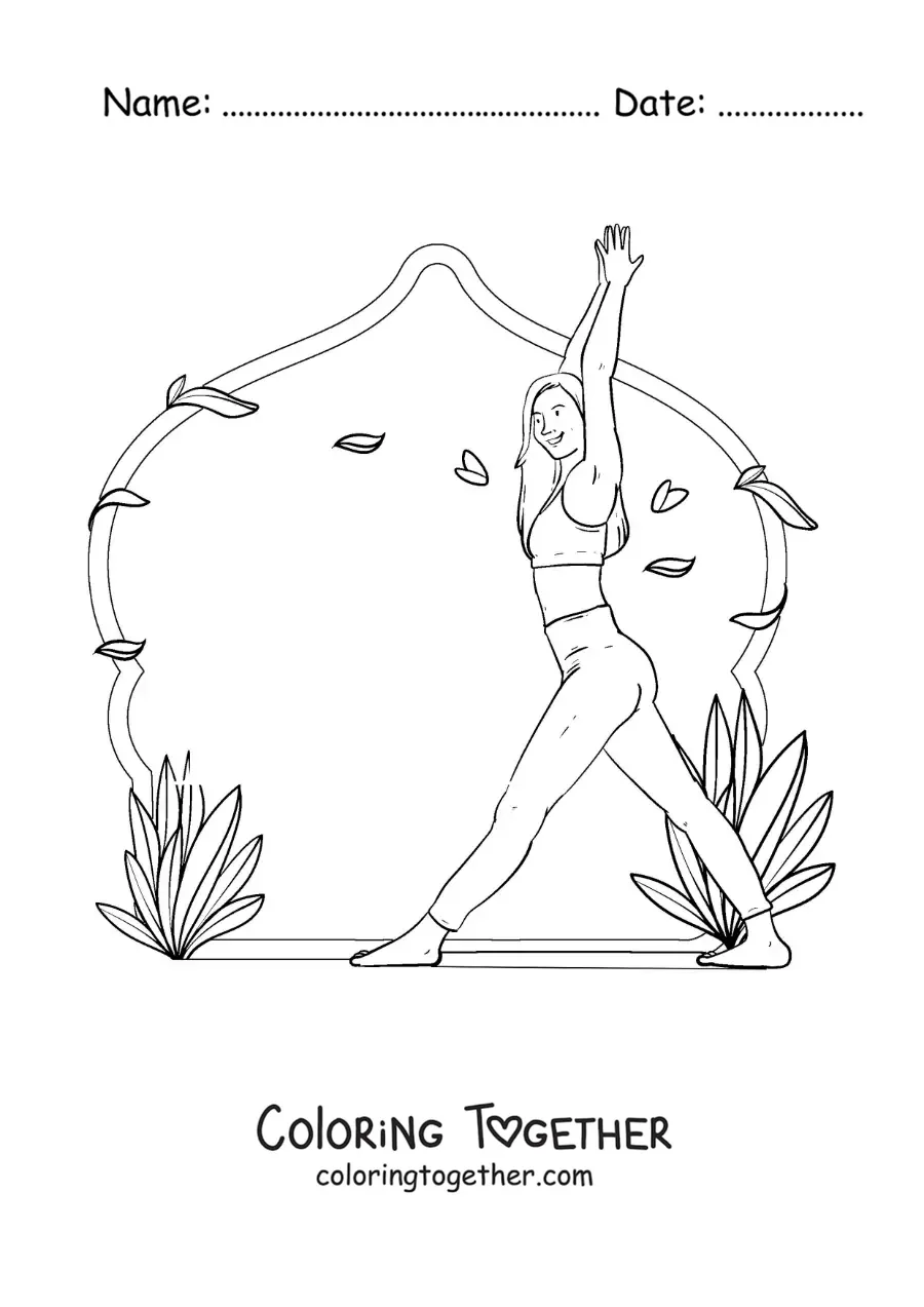 Coloring page of a woman doing a yoga pose