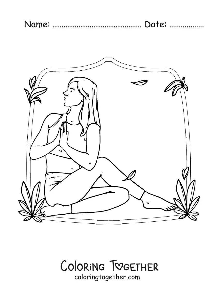 Coloring page of a woman doing yoga stretches