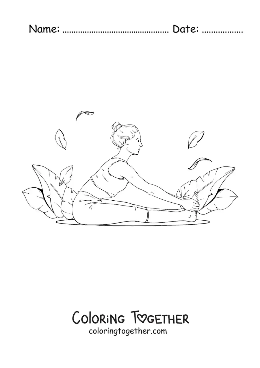 Coloring page of a girl doing yoga stretches