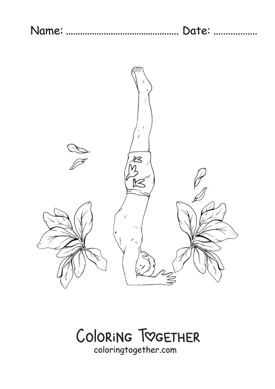 Coloring page of a boy practicing yoga in a headstand pose