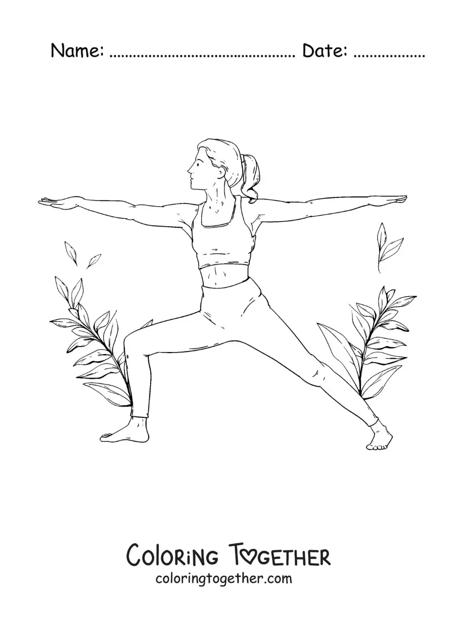 Coloring page of a woman doing the warrior 2 pose