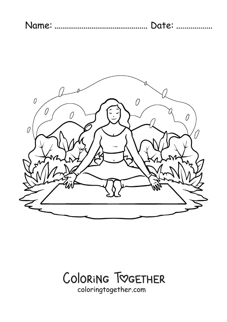 Coloring page of a girl meditating on a yoga mat in the park