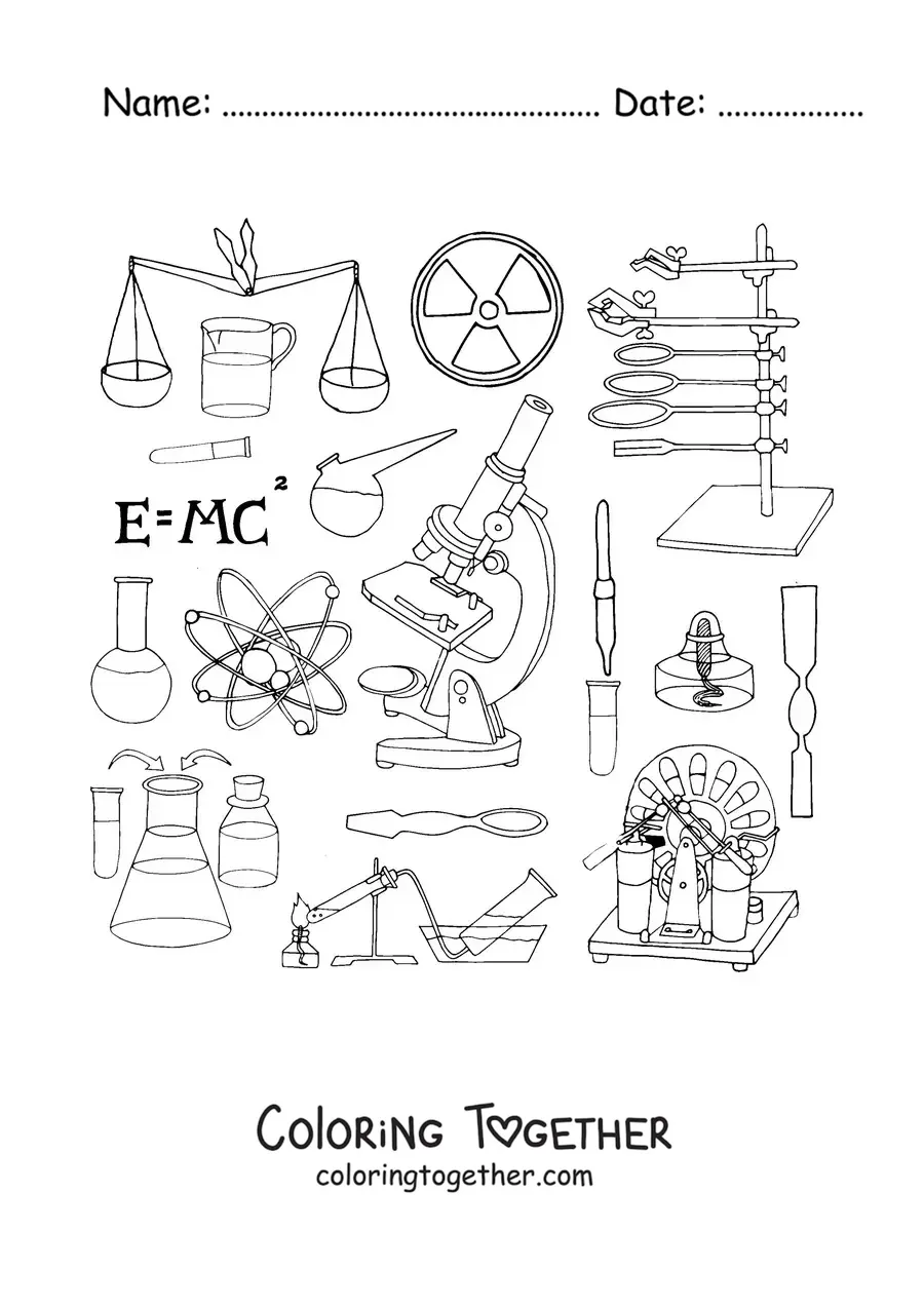 Coloring page of several scientific laboratory instruments