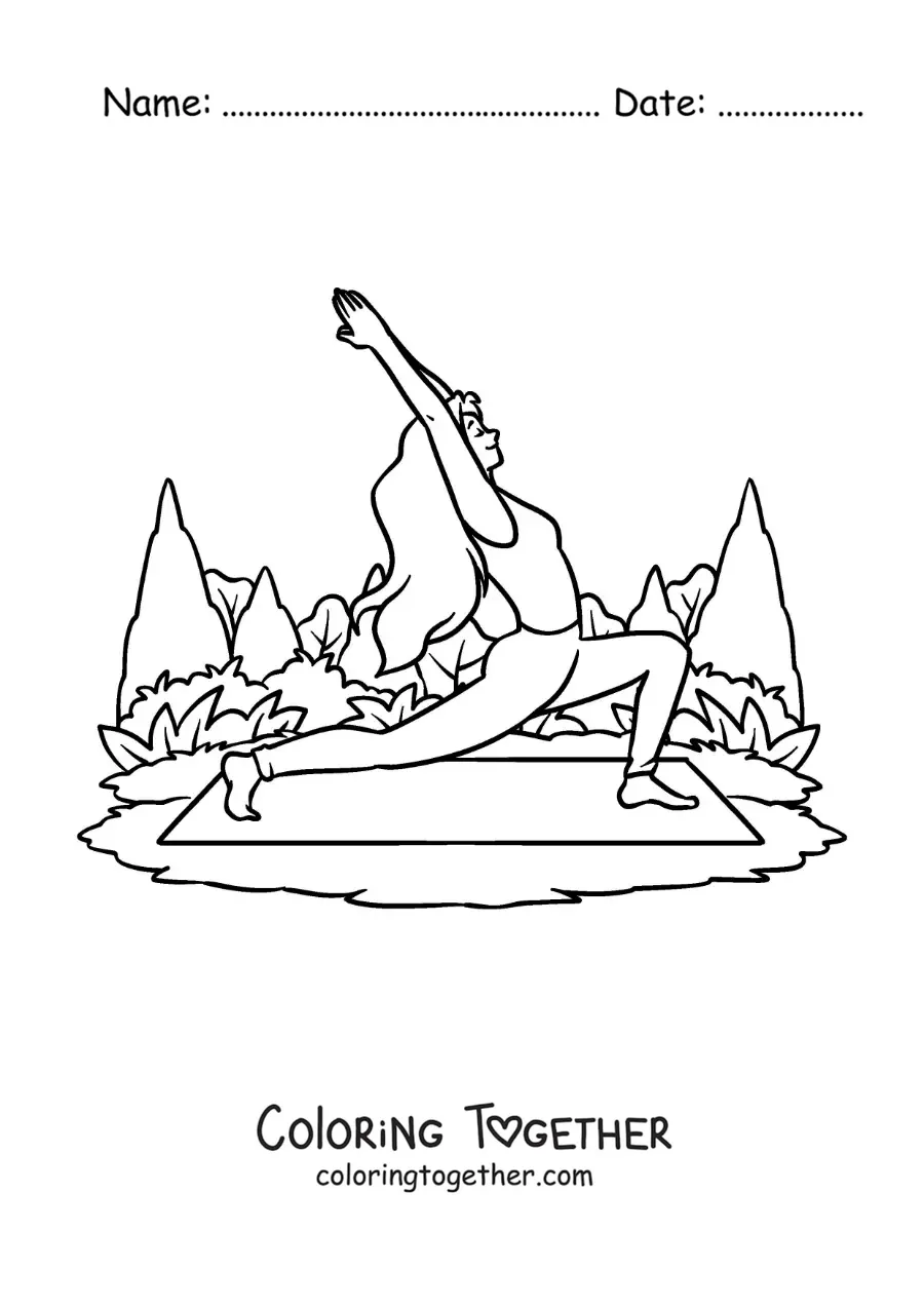 Coloring page of a girl practicing yoga on a mat in the park