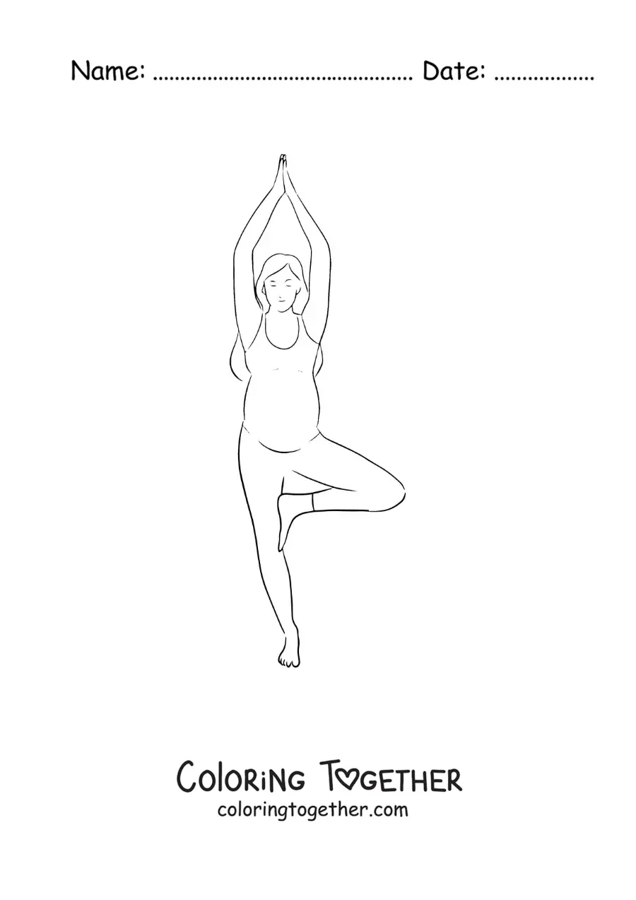 Coloring page of a pregnant woman doing the yoga tree pose