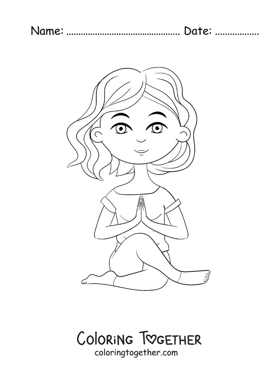 Coloring page of a cartoon of a girl doing the yoga knot pose
