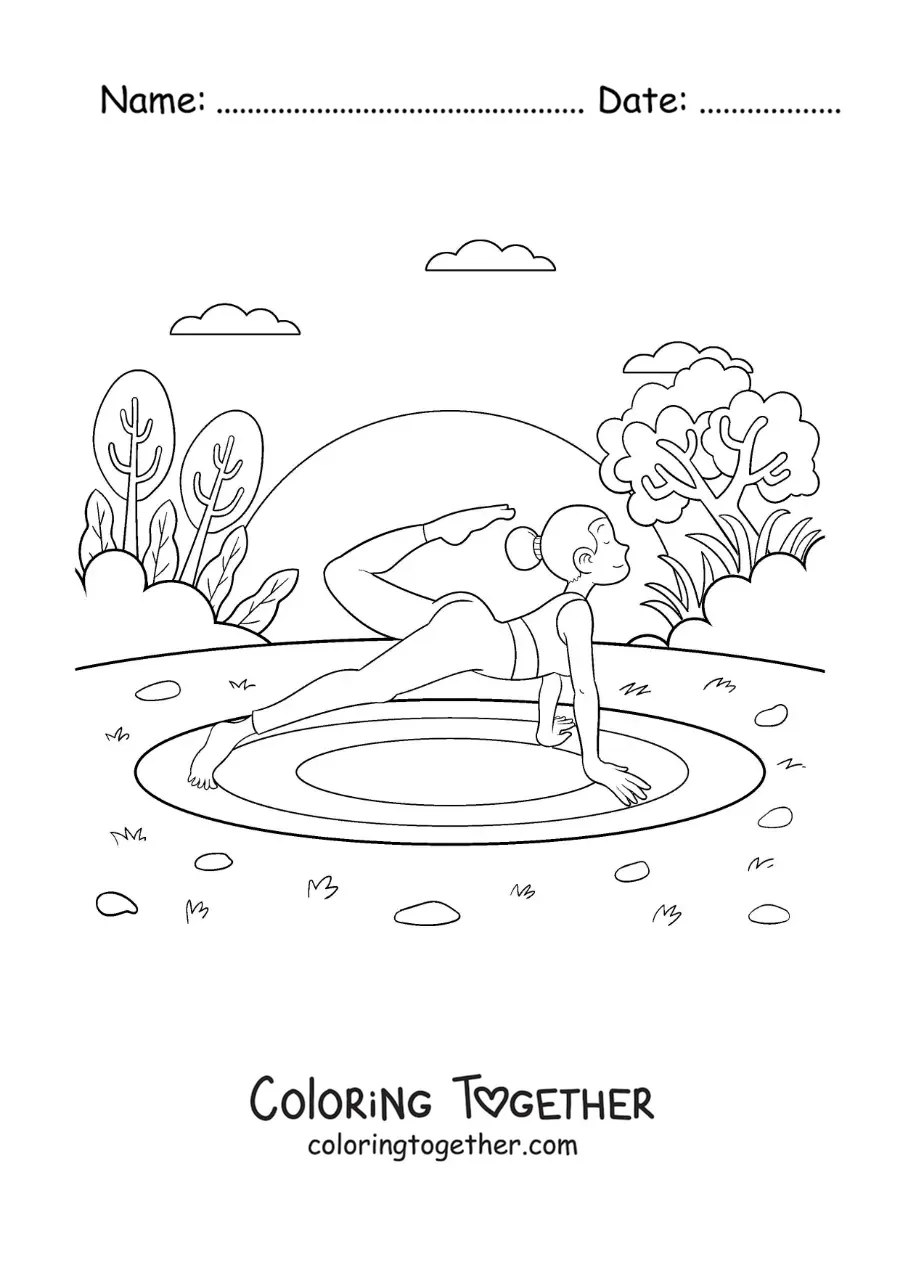 Coloring page of a woman practicing yoga in the park