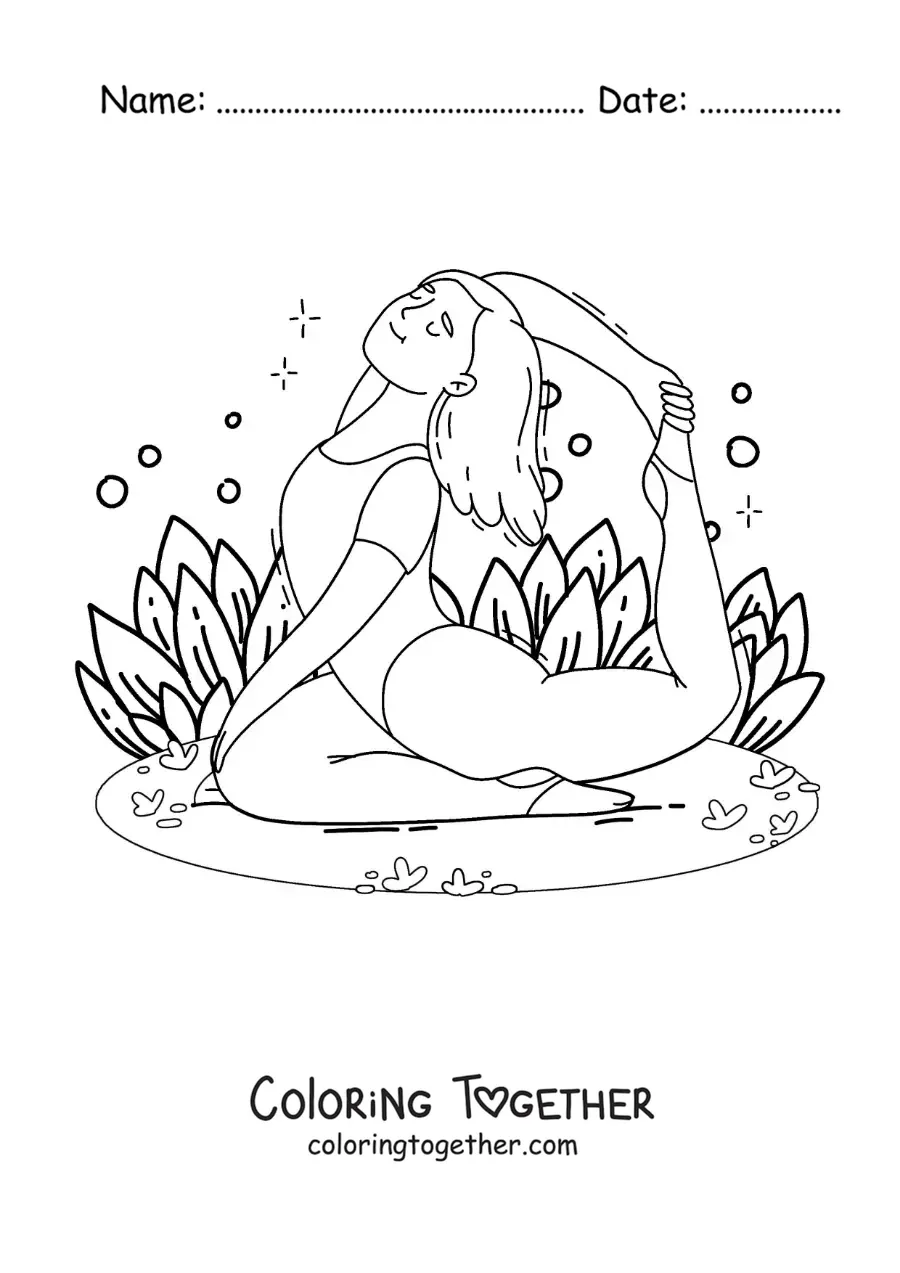 Coloring page of a woman doing the pigeon pose in the park