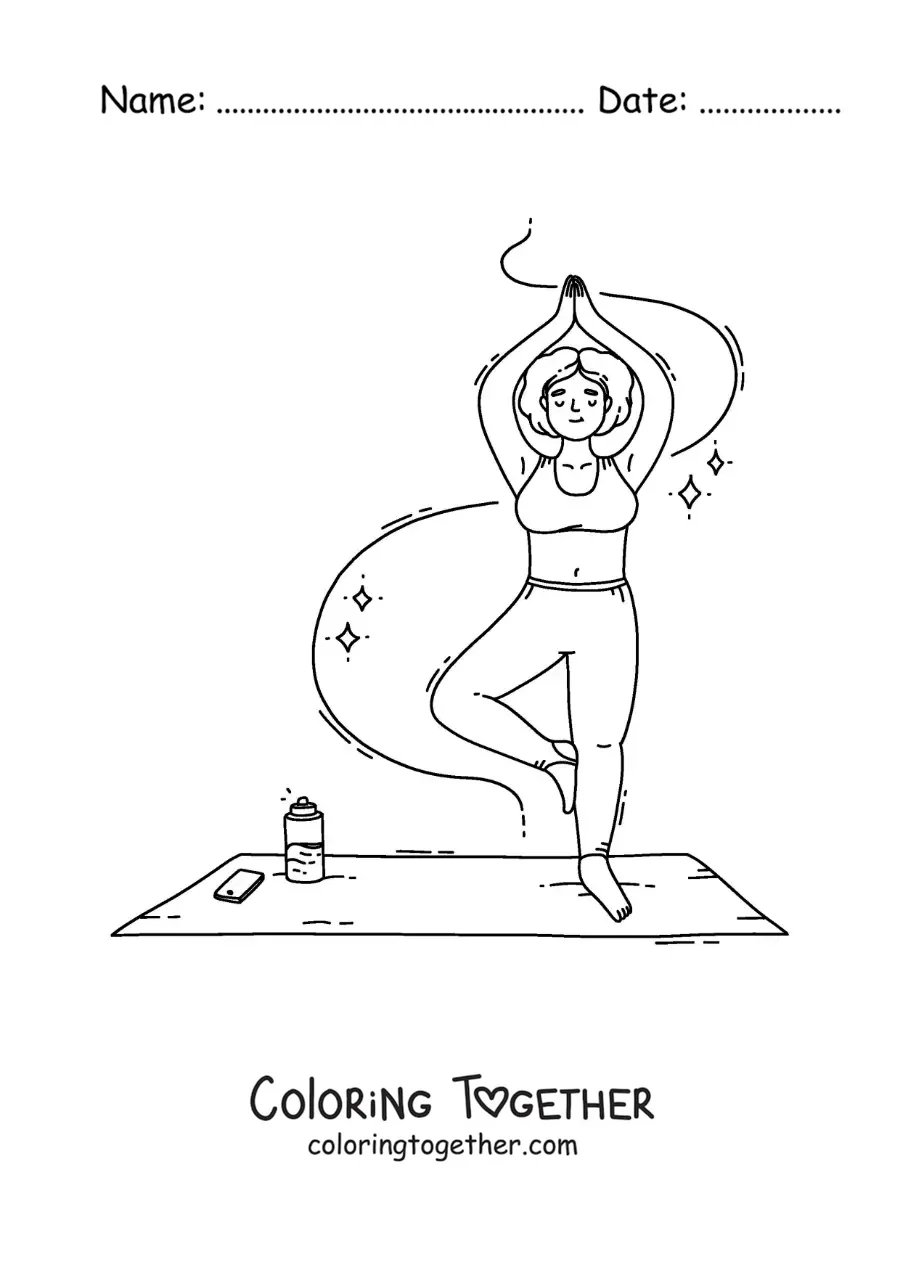 Coloring page of a girl doing the tree pose next to her phone and her water