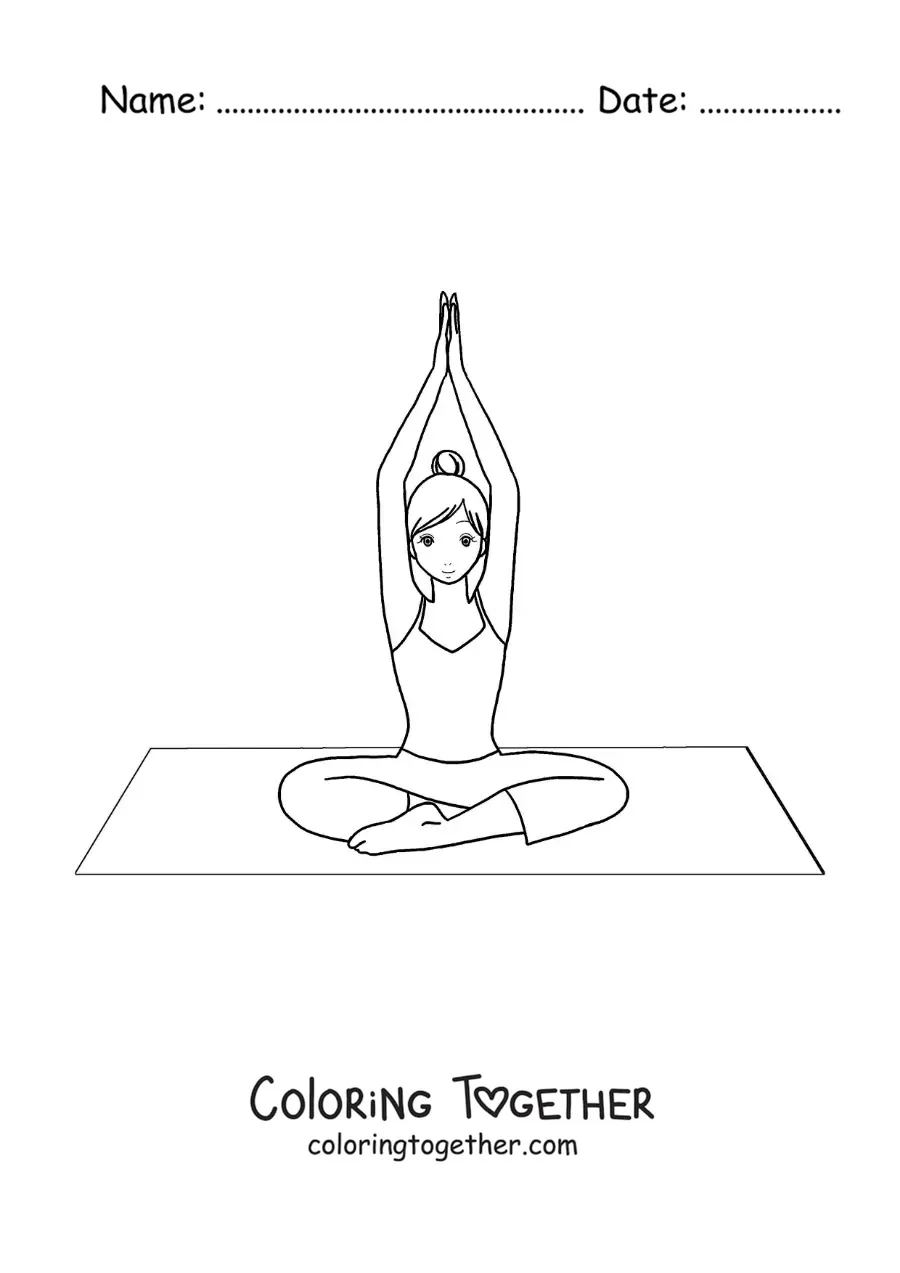 Coloring page of a girl doing stretches on a yoga mat