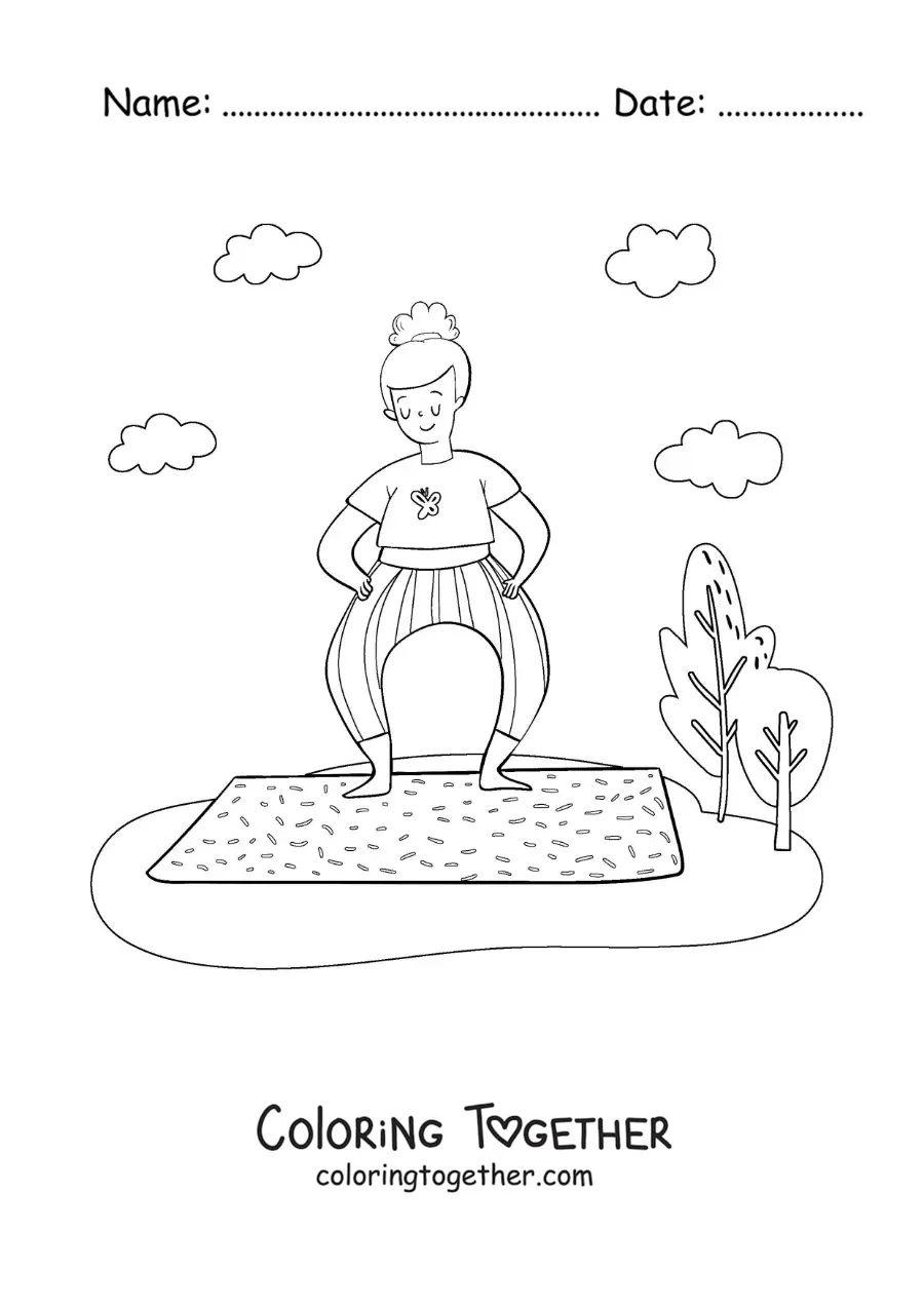Coloring page of a woman doing yoga in a park