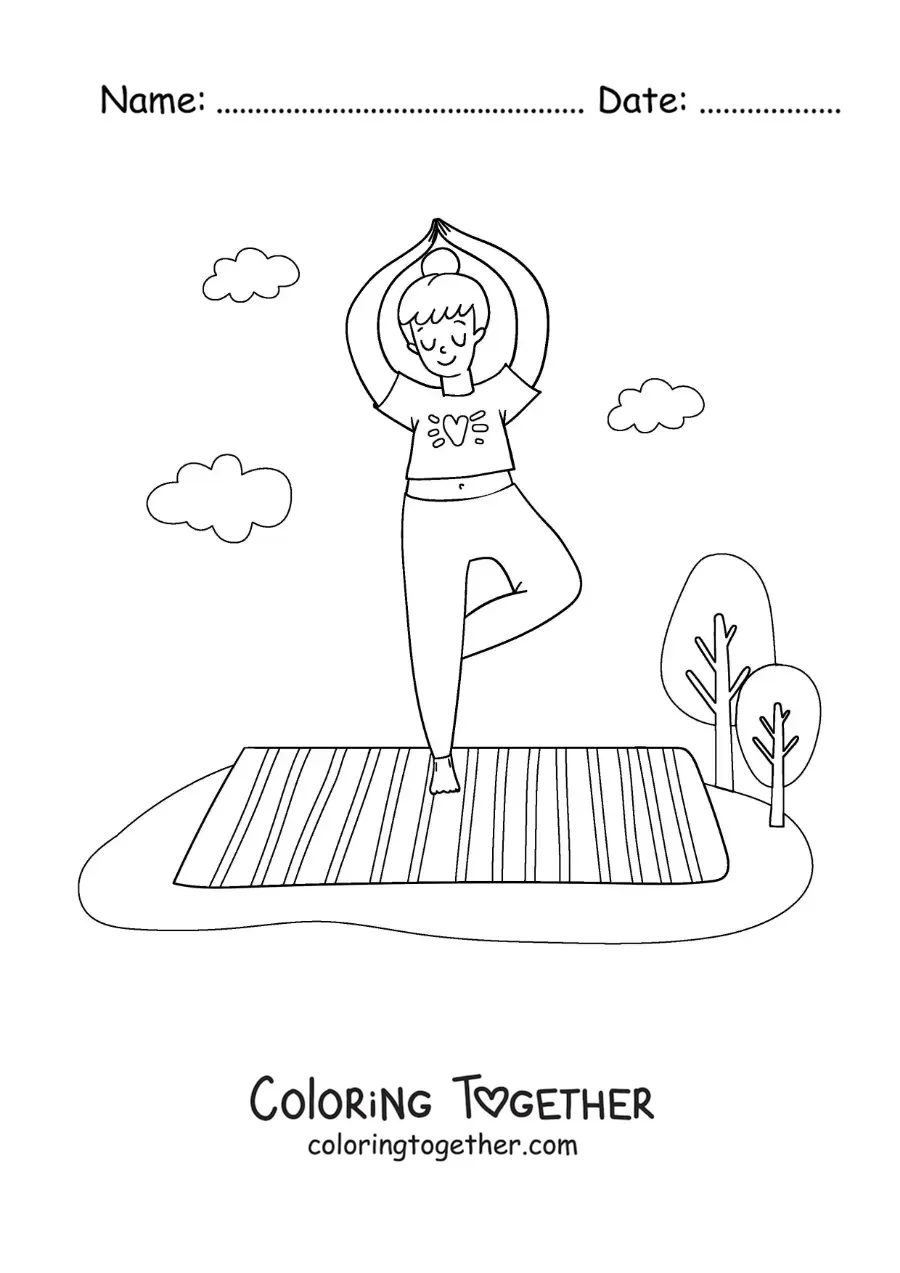 Coloring page of a woman doing the tree pose in a park