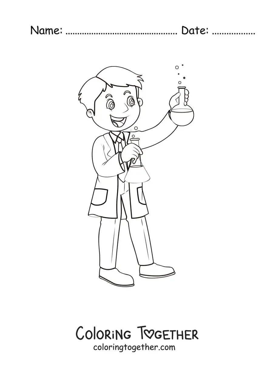 Coloring page of a cartoon scientist holding two chemical flasks