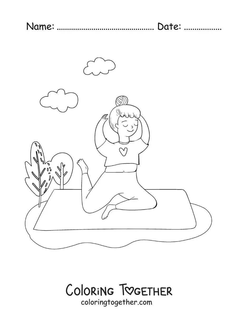 Coloring page of a teenage girl doing the pigeon pose in the park