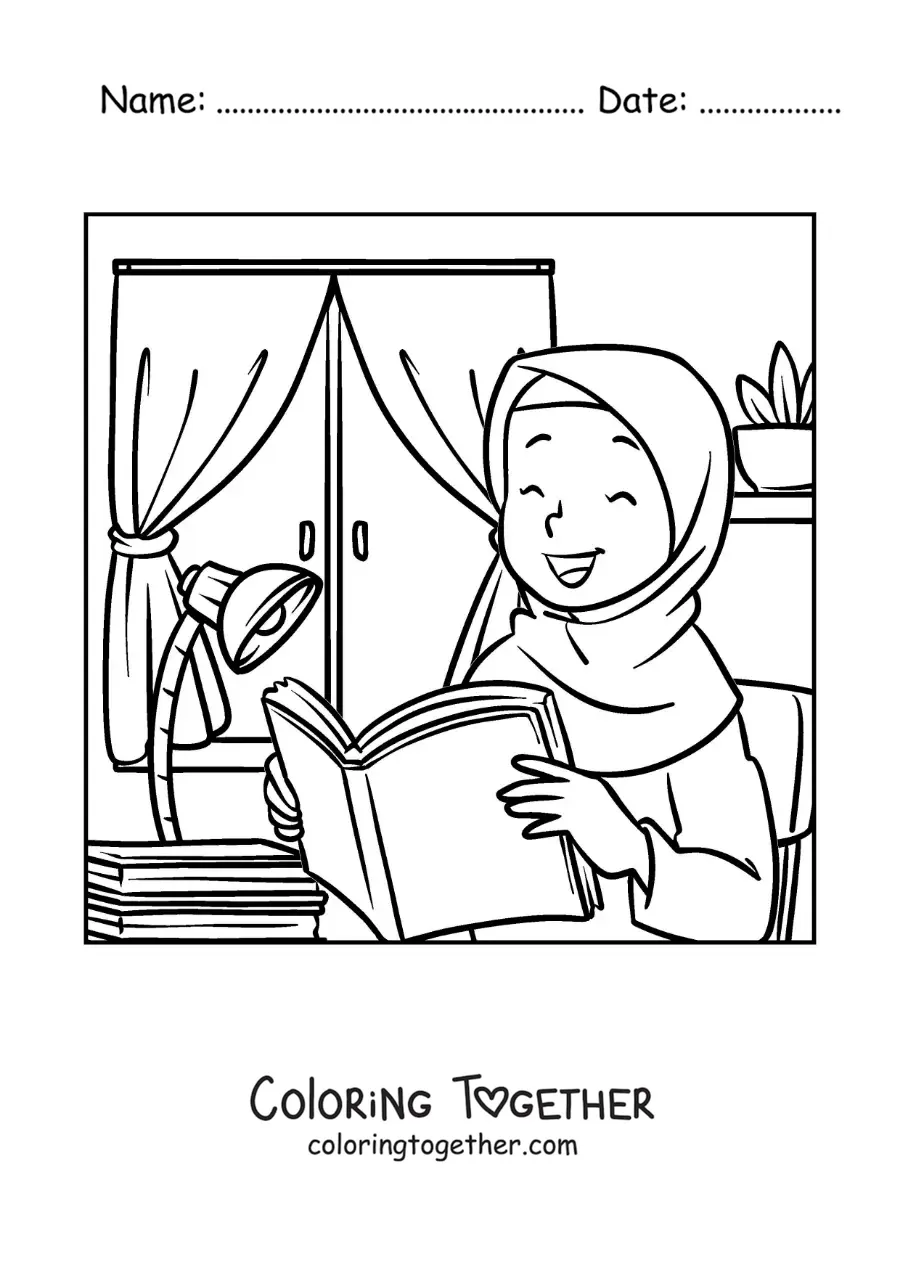 Coloring page of a girl wearing a hijab reading a book in her room