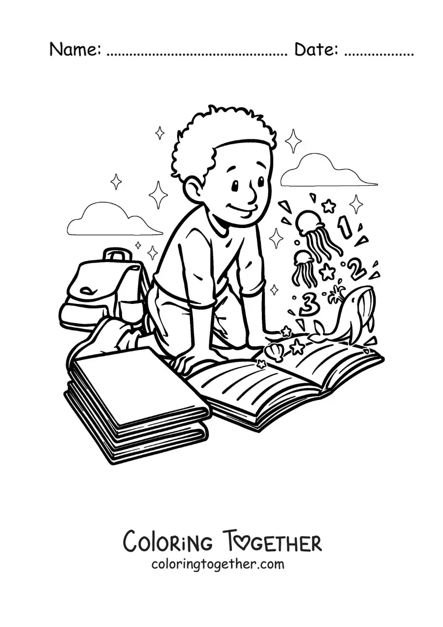 Coloring page of a boy reading a book about sea animals that comes to life