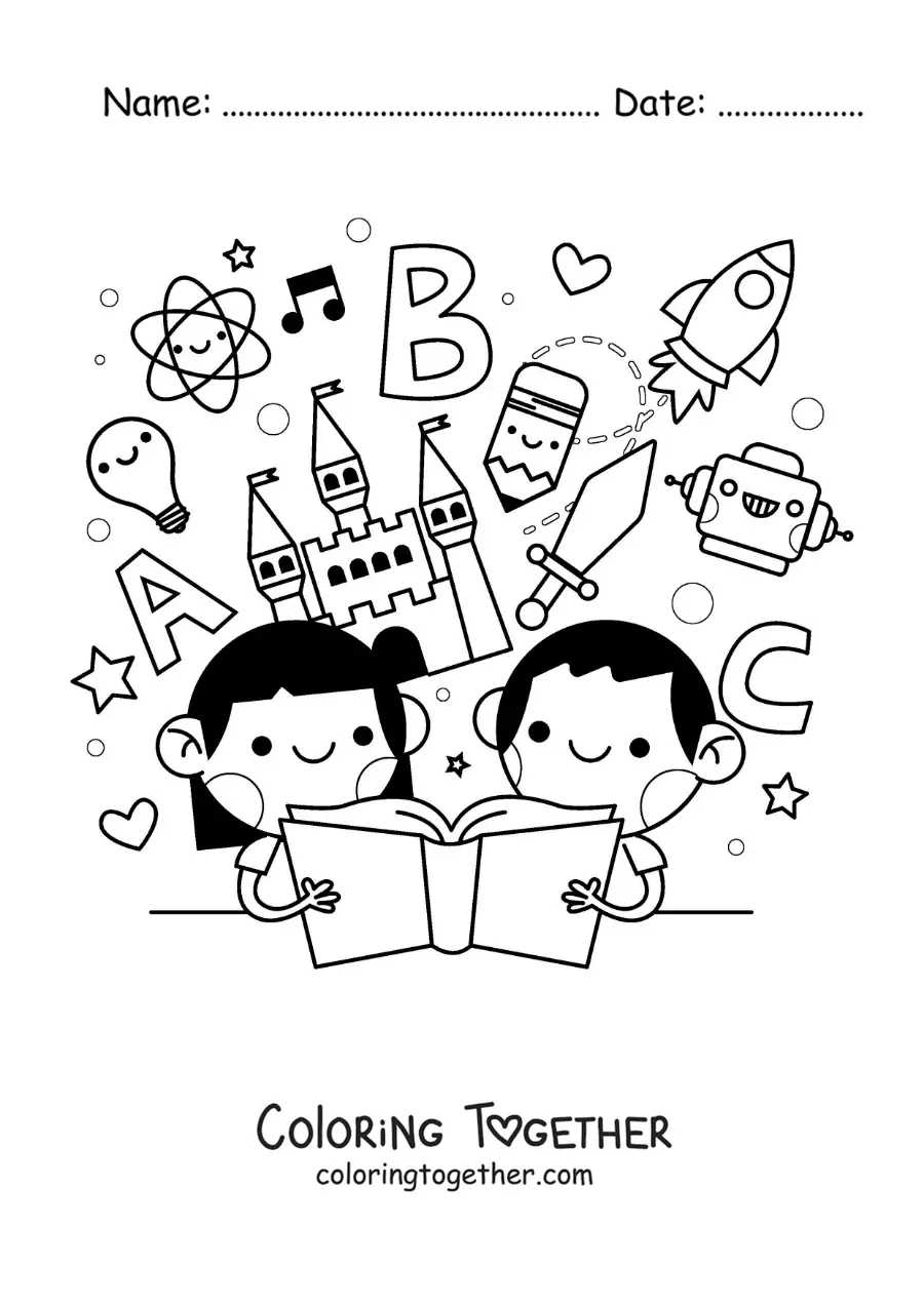 Coloring page of two children reading a book with cartoons
