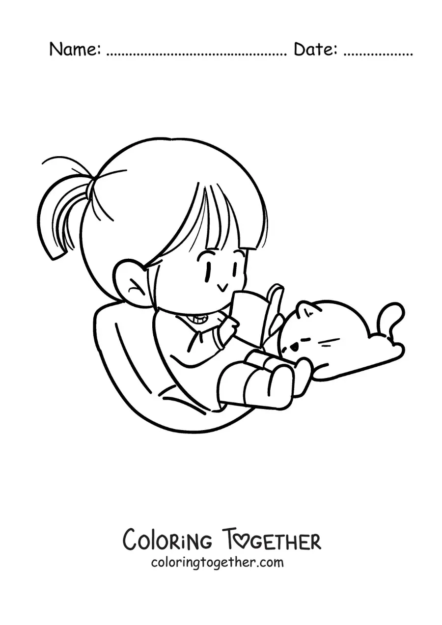 Coloring page of a kawaii girl sitting and reading a book next to her cat