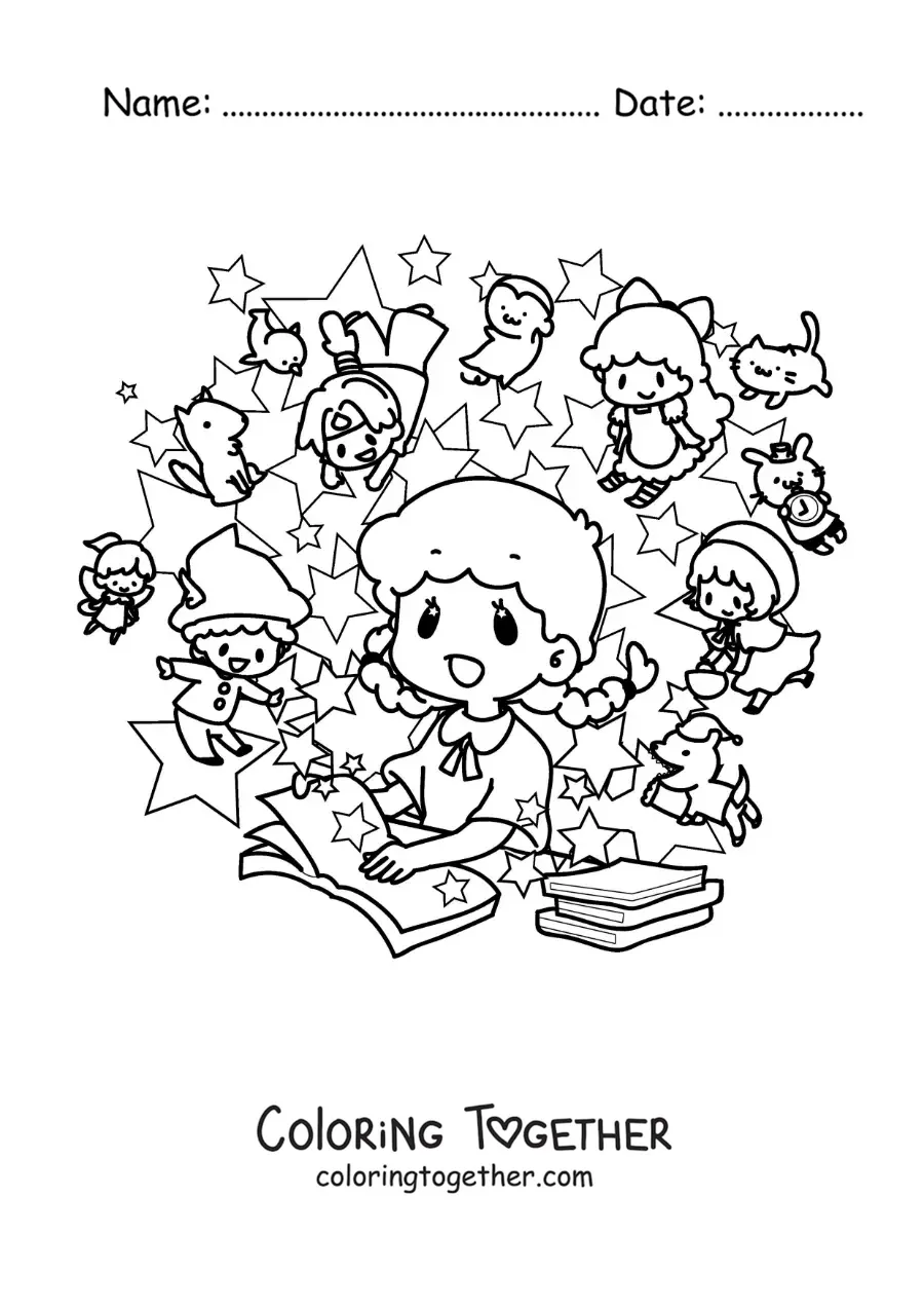 Coloring page of a kawaii girl reading a book with animated characters that come to life