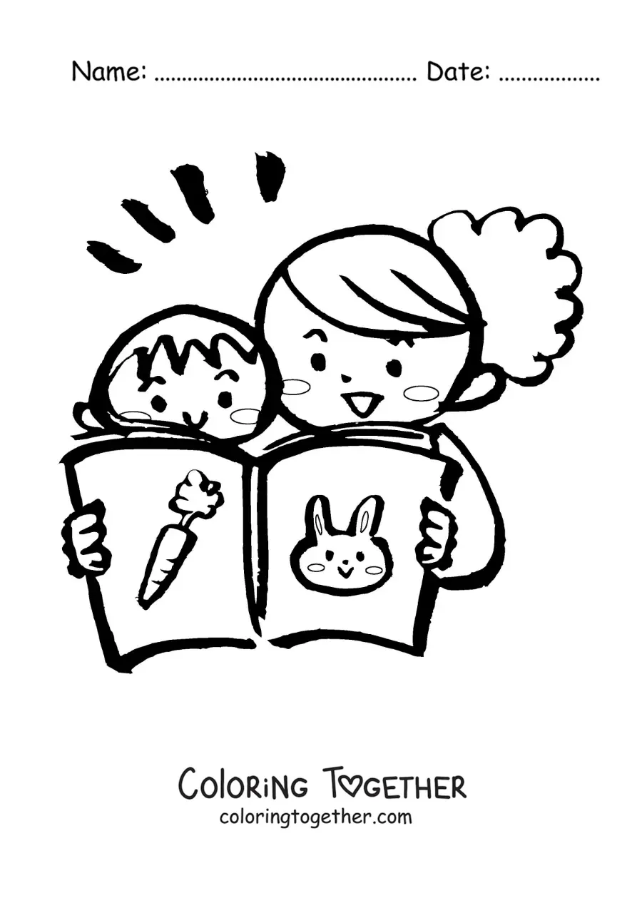 Coloring page of a mother reading a story with her child
