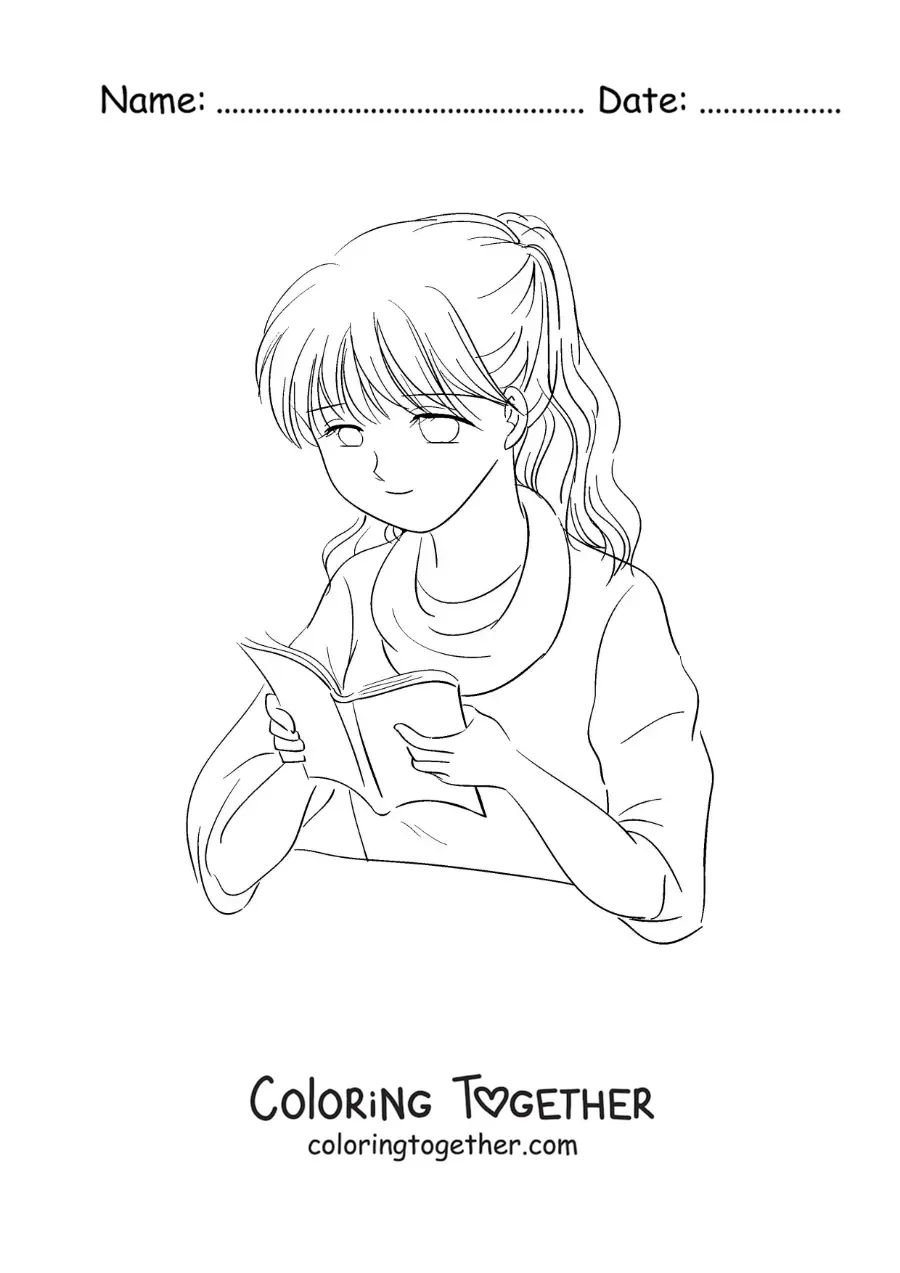 Coloring page of an anime-style girl reading a book