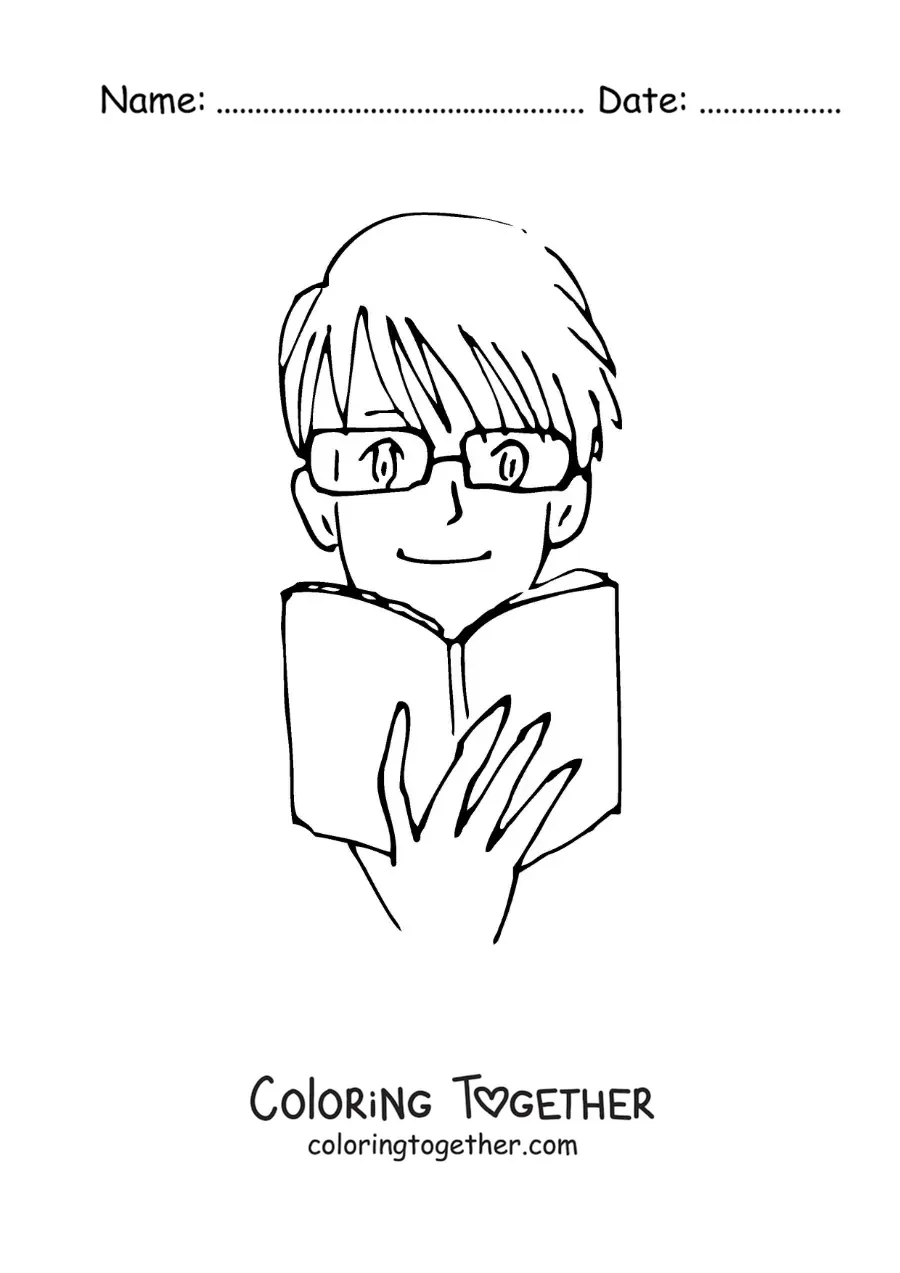 Coloring page of an anime-style boy reading a book