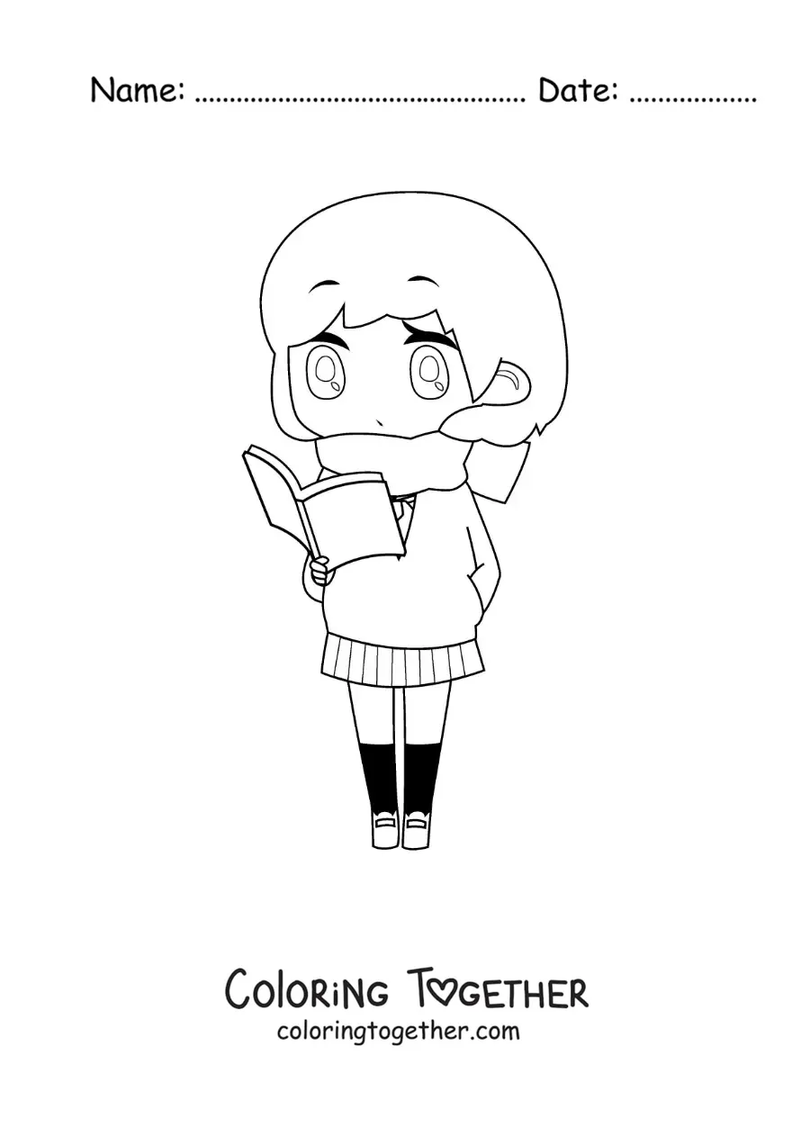 Coloring page of a kawaii chibi-style girl reading a book