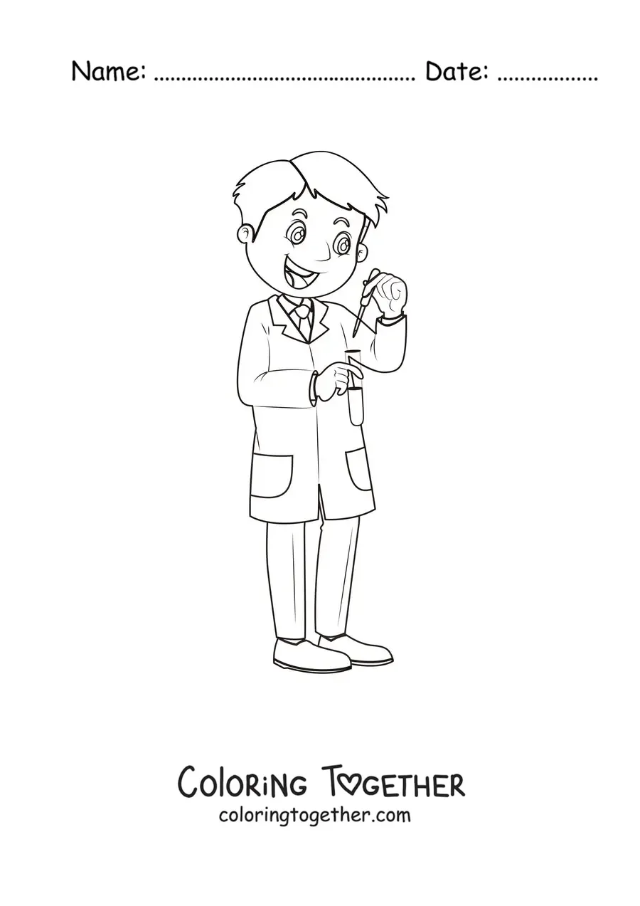 Coloring page of a cartoon scientist doing an experiment in a test tube