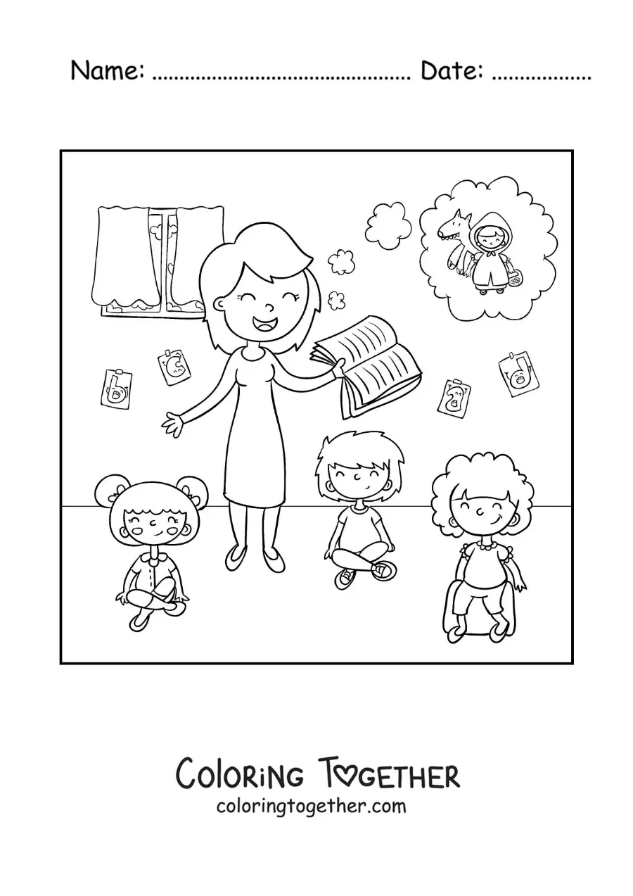 Coloring page of a teacher reading a story to her students in the classroom