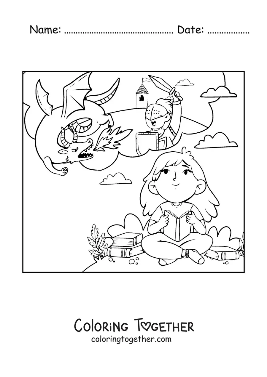 Coloring page of a girl reading a fantasy story and imagining the dragons
