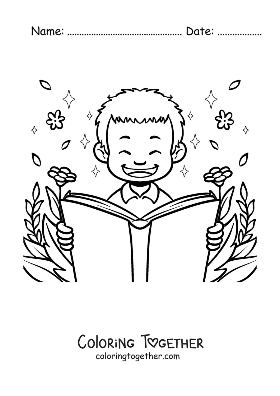 Coloring page of a happy boy reading surrounded by flowers