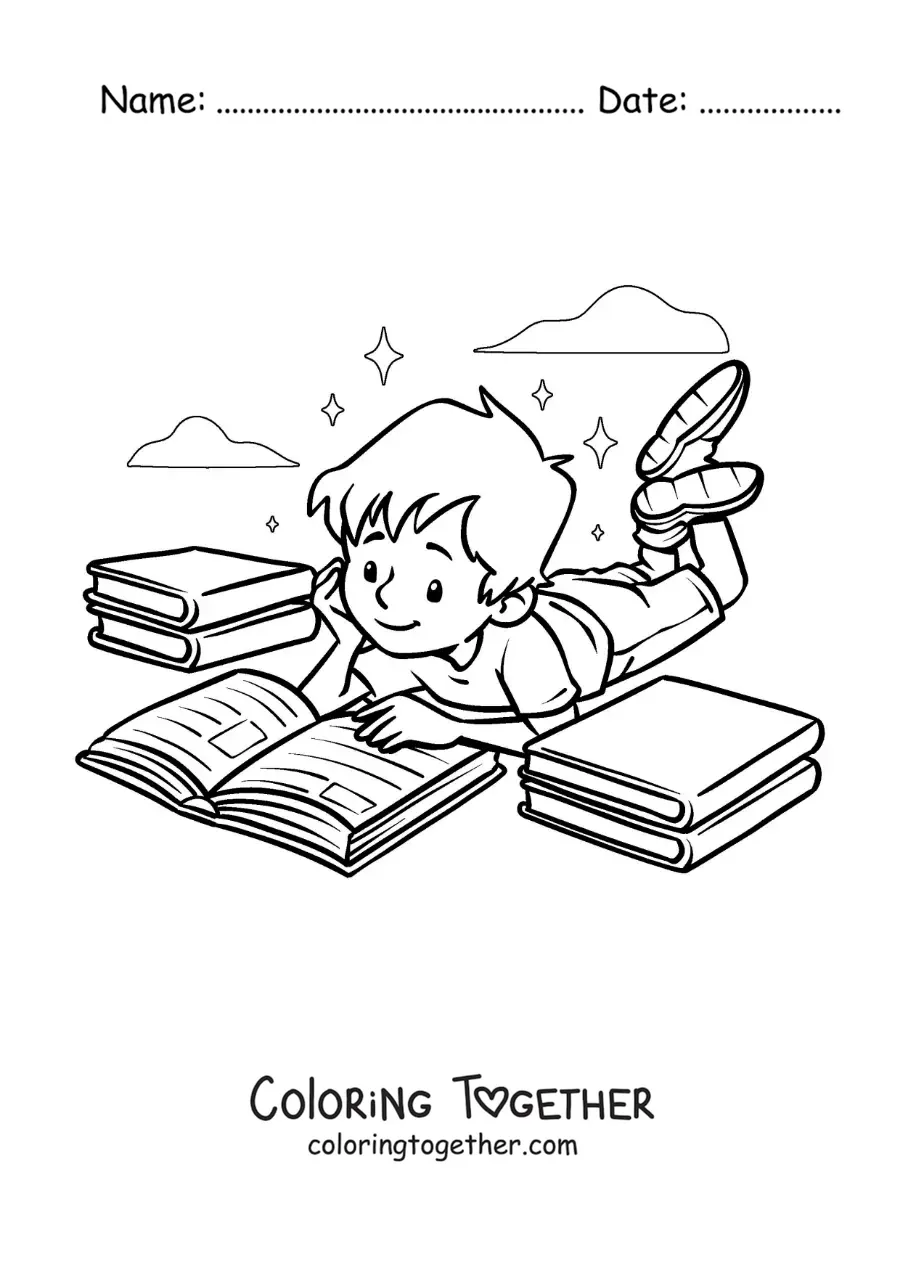 Coloring page of a boy lying down reading a book